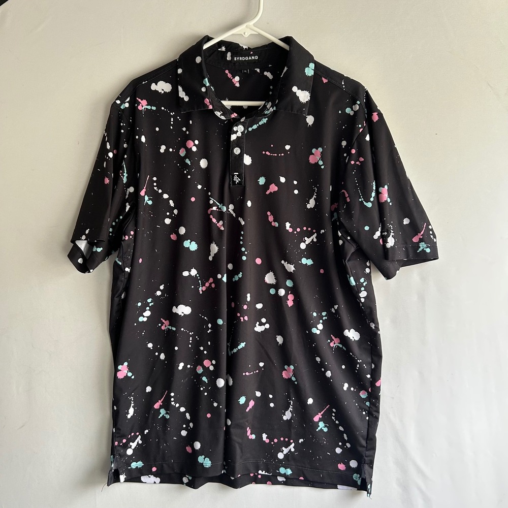 Byrdgang Mens XL Black Paint‎ Splatter Performance Golf Polo Shirt Short Sleeve
